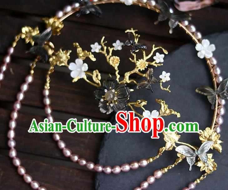 Chinese Ancient Empress Back Hairpin Traditional Ming Dynasty Court Woman Pearls Tassel Hair Crown