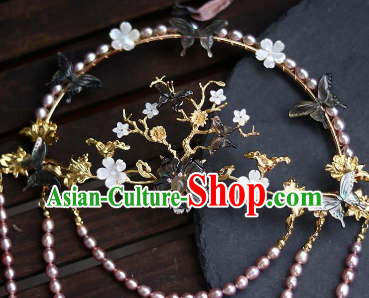 Chinese Ancient Empress Back Hairpin Traditional Ming Dynasty Court Woman Pearls Tassel Hair Crown