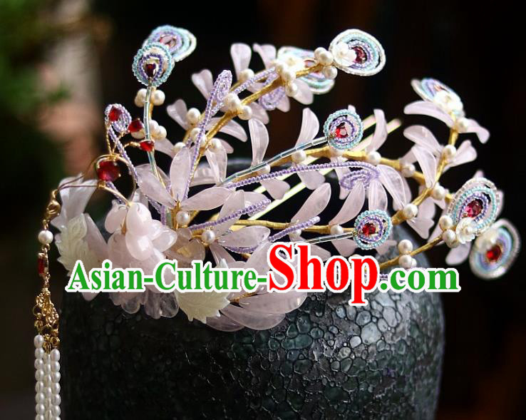Chinese Ancient Empress Pearls Tassel Hairpin Traditional Ming Dynasty Pink Quartz Phoenix Hair Crown