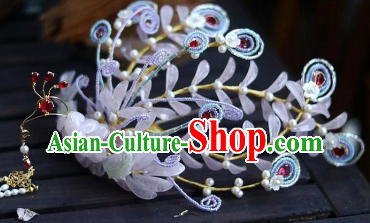 Chinese Ancient Empress Pearls Tassel Hairpin Traditional Ming Dynasty Pink Quartz Phoenix Hair Crown