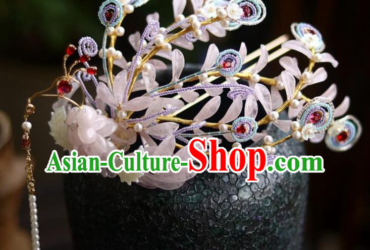 Chinese Ancient Empress Pearls Tassel Hairpin Traditional Ming Dynasty Pink Quartz Phoenix Hair Crown