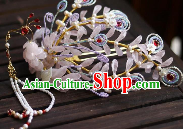 Chinese Ancient Empress Pearls Tassel Hairpin Traditional Ming Dynasty Pink Quartz Phoenix Hair Crown