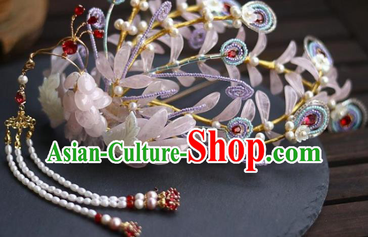 Chinese Ancient Empress Pearls Tassel Hairpin Traditional Ming Dynasty Pink Quartz Phoenix Hair Crown
