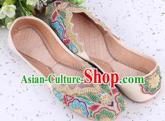 Indian Traditional Court Leather Shoes Asian Folk Dance Shoes Handmade Embroidery Beads Apricot Shoes