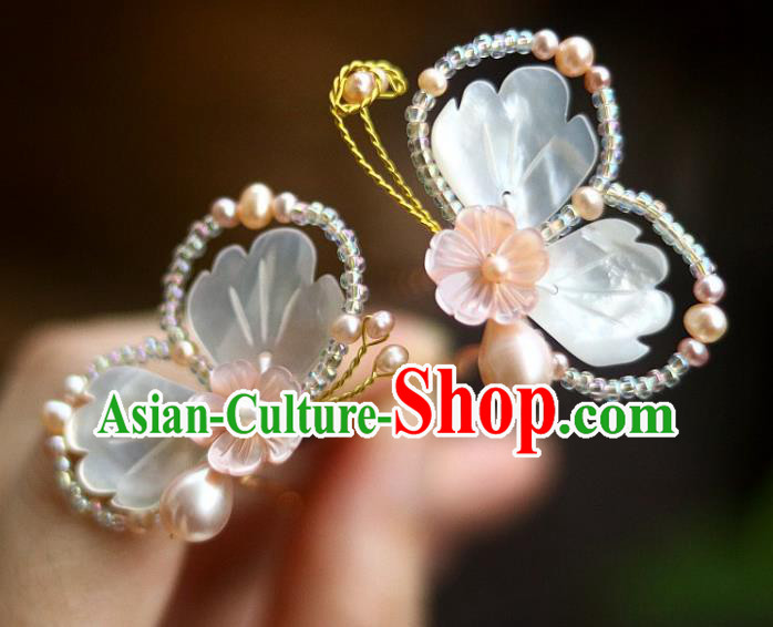 Chinese Ancient Princess Shell Butterfly Hairpin Traditional Song Dynasty Pearls Hair Stick