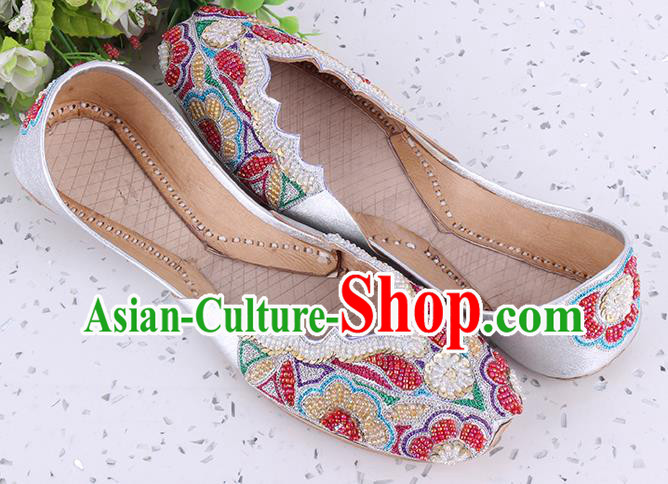 Asian Folk Dance Shoes Indian Handmade Embroidery Beads Argent Shoes Traditional Court Leather Shoes