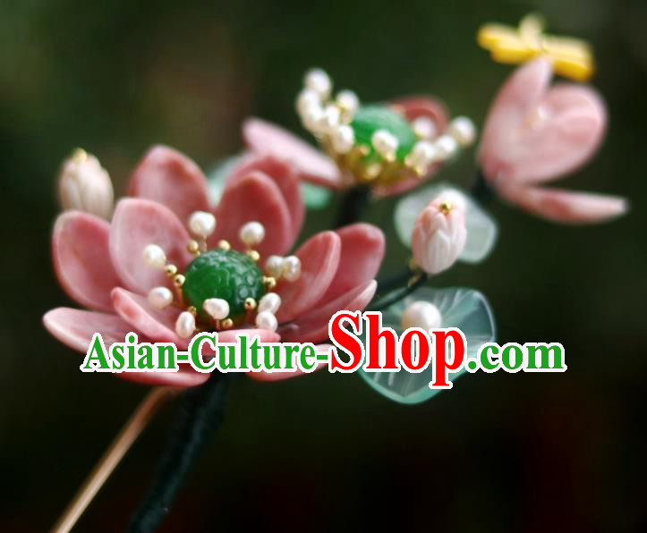 Chinese Ancient Princess Red Lotus Hairpin Traditional Song Dynasty Jade Pearls Hair Stick