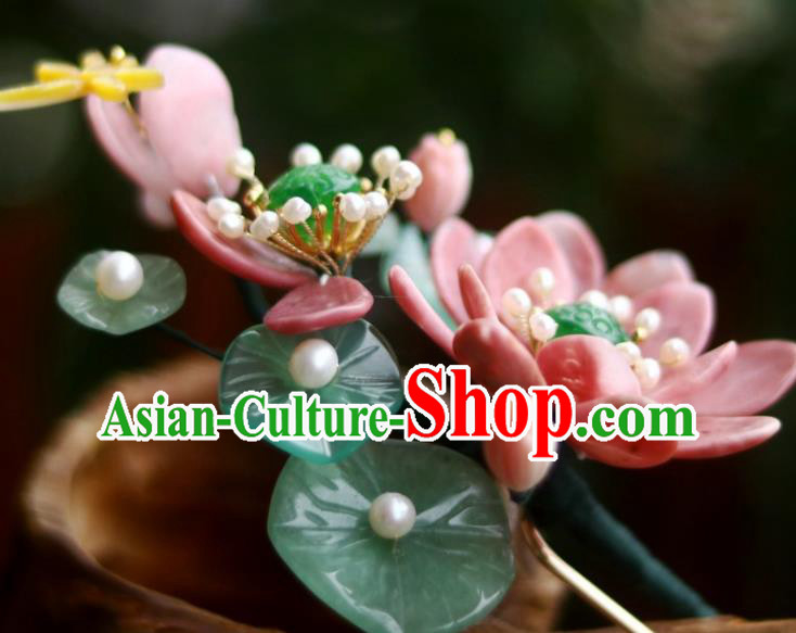 Chinese Ancient Princess Red Lotus Hairpin Traditional Song Dynasty Jade Pearls Hair Stick