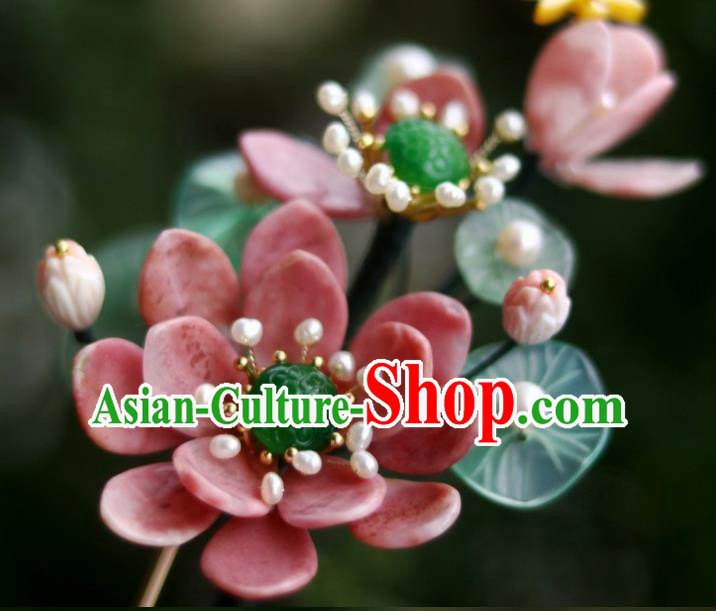 Chinese Ancient Princess Red Lotus Hairpin Traditional Song Dynasty Jade Pearls Hair Stick