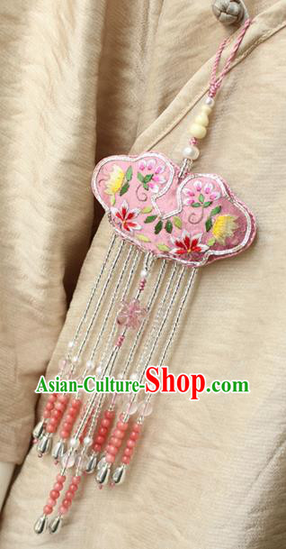 Chinese National Beads Tassel Pendant Classical Qipao Dress Embroidered Pink Sachet Brooch