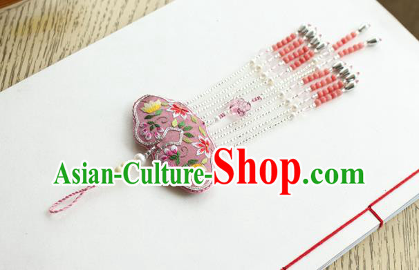 Chinese National Beads Tassel Pendant Classical Qipao Dress Embroidered Pink Sachet Brooch