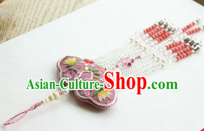 Chinese National Beads Tassel Pendant Classical Qipao Dress Embroidered Pink Sachet Brooch