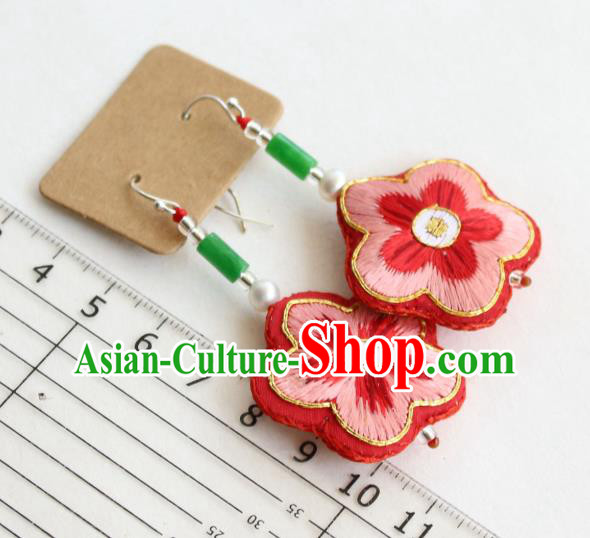 China Classical Cheongsam Embroidered Red Plum Ear Jewelry Handmade National Jade Earrings