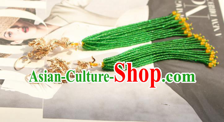 China Classical Cheongsam Golden Dragon Ear Jewelry Handmade National Green Beads Tassel Earrings