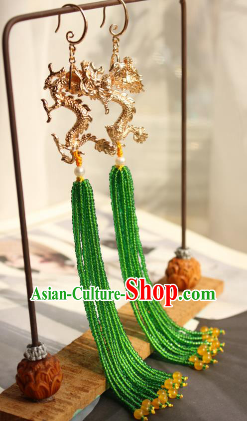 China Classical Cheongsam Golden Dragon Ear Jewelry Handmade National Green Beads Tassel Earrings