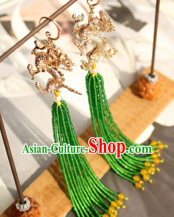 China Classical Cheongsam Golden Dragon Ear Jewelry Handmade National Green Beads Tassel Earrings
