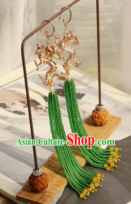 China Classical Cheongsam Golden Dragon Ear Jewelry Handmade National Green Beads Tassel Earrings