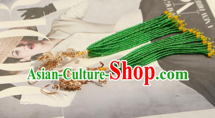 China Classical Cheongsam Golden Dragon Ear Jewelry Handmade National Green Beads Tassel Earrings