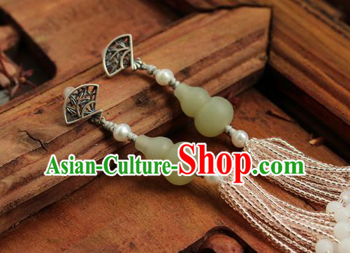 China Classical Cheongsam Beads Tassel Ear Jewelry Handmade National Jade Gourd Earrings