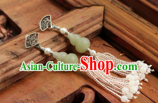 China Classical Cheongsam Beads Tassel Ear Jewelry Handmade National Jade Gourd Earrings