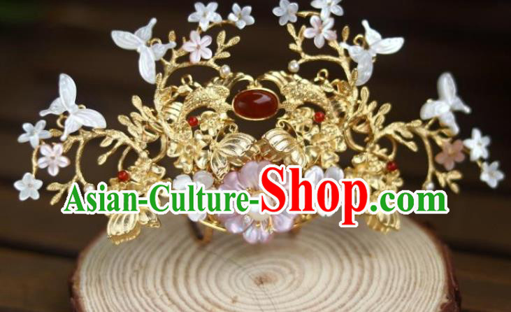 Chinese Ancient Queen Shell Butterfly Hairpin Traditional Song Dynasty Empress Golden Hair Crown