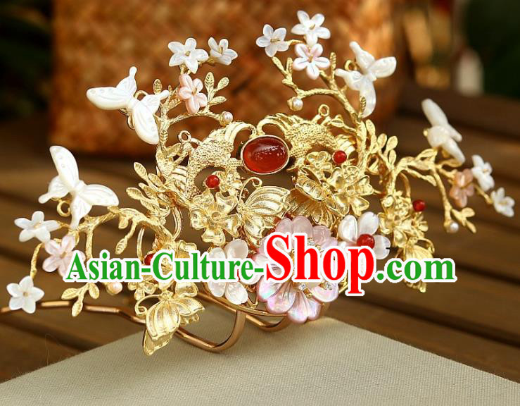 Chinese Ancient Queen Shell Butterfly Hairpin Traditional Song Dynasty Empress Golden Hair Crown