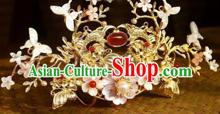 Chinese Ancient Queen Shell Butterfly Hairpin Traditional Song Dynasty Empress Golden Hair Crown