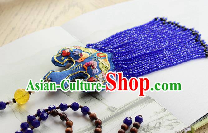 China Handmade Royalblue Beads Tassel Necklet Accessories Traditional Cheongsam Embroidered Sachet Necklace