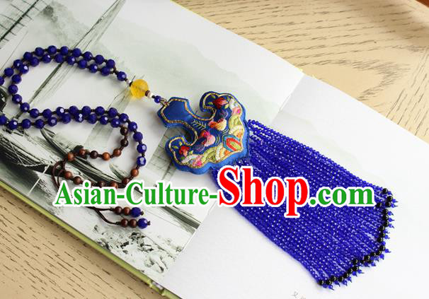 China Handmade Royalblue Beads Tassel Necklet Accessories Traditional Cheongsam Embroidered Sachet Necklace