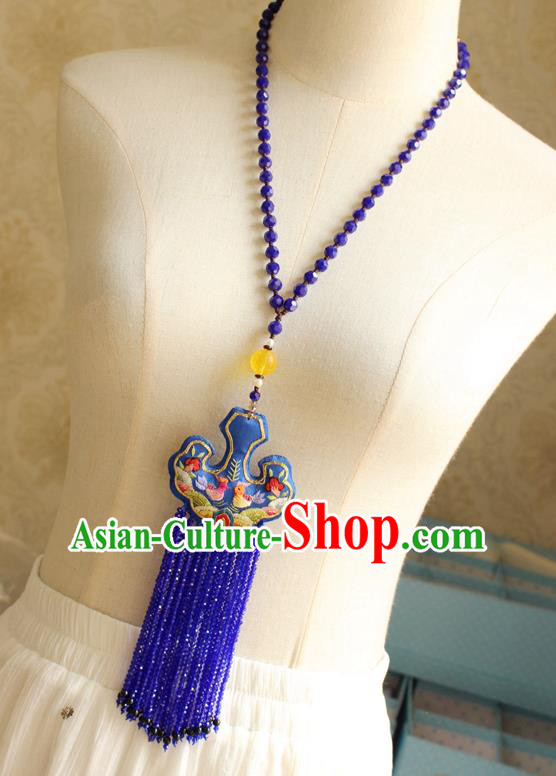 China Handmade Royalblue Beads Tassel Necklet Accessories Traditional Cheongsam Embroidered Sachet Necklace