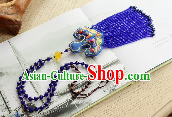 China Handmade Royalblue Beads Tassel Necklet Accessories Traditional Cheongsam Embroidered Sachet Necklace