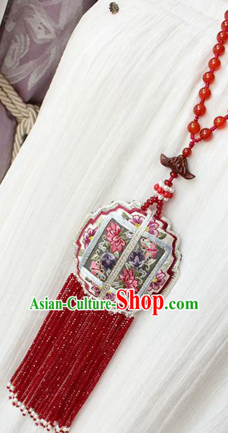 China Handmade Embroidered Lotus Sachet Necklet Accessories Traditional Cheongsam Red Beads Tassel Necklace