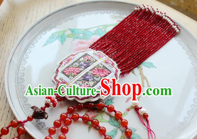 China Handmade Embroidered Lotus Sachet Necklet Accessories Traditional Cheongsam Red Beads Tassel Necklace