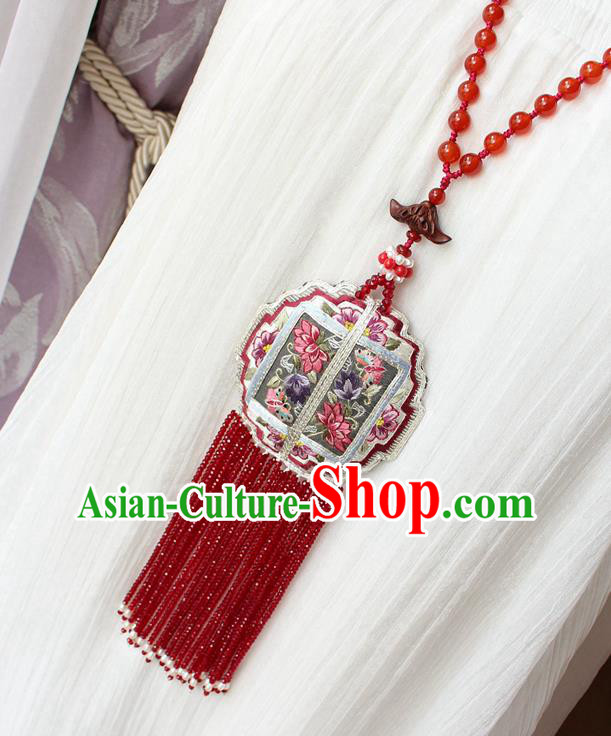 China Handmade Embroidered Lotus Sachet Necklet Accessories Traditional Cheongsam Red Beads Tassel Necklace
