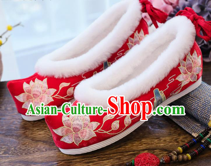 China National Winter Embroidered Lotus Shoes Traditional Wedding Red Satin Shoes Handmade Ming Dynasty Bow Shoes