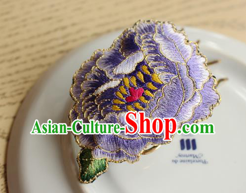 China Handmade National Embroidered Purple Peony Hair Comb Classical Cheongsam Hair Accessories