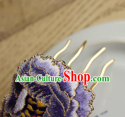 China Handmade National Embroidered Purple Peony Hair Comb Classical Cheongsam Hair Accessories