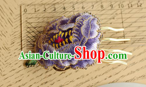 China Handmade National Embroidered Purple Peony Hair Comb Classical Cheongsam Hair Accessories