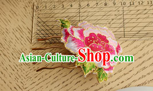 China Classical Cheongsam Hair Accessories National Handmade Embroidered Pink Peony Hair Comb