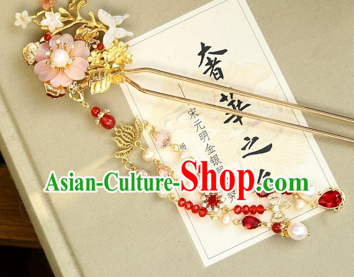 Chinese Ancient Queen Tassel Hairpin Traditional Ming Dynasty Empress Pink Peach Blossom Hair Stick