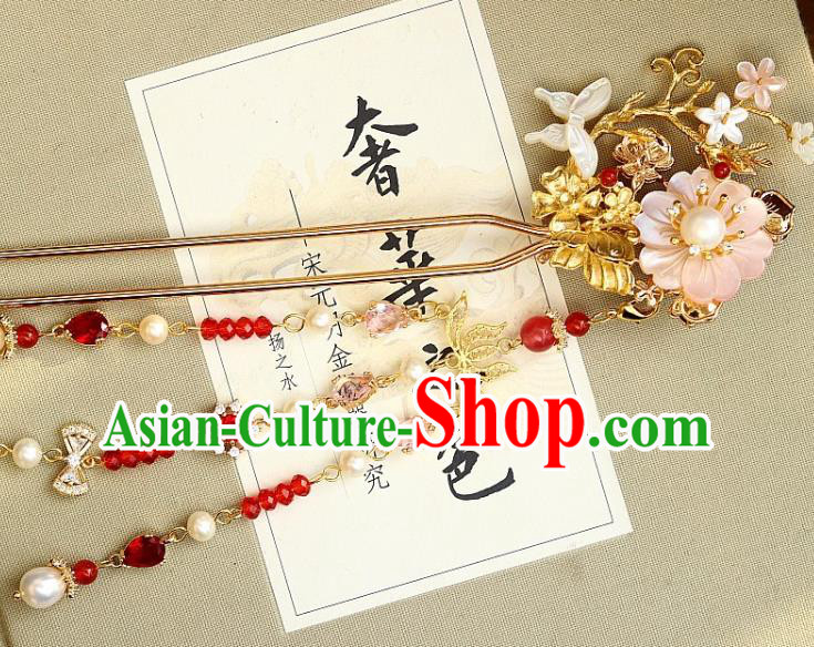 Chinese Ancient Queen Tassel Hairpin Traditional Ming Dynasty Empress Pink Peach Blossom Hair Stick