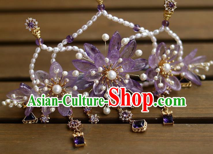Chinese Ancient Empress Pearls Hairpin Traditional Song Dynasty Court Amethyst Chrysanthemum Hair Crown