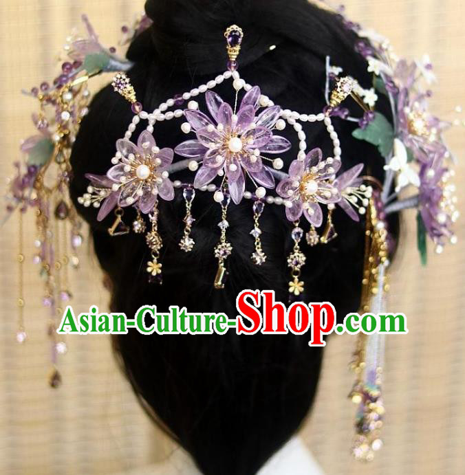 Chinese Ancient Empress Pearls Hairpin Traditional Song Dynasty Court Amethyst Chrysanthemum Hair Crown