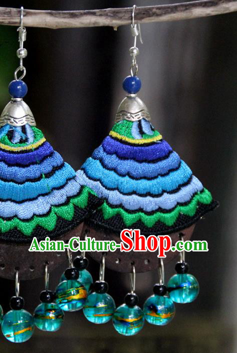 Chinese Yannan Ethnic Woman Earrings Handmade Embroidered Blue Ear Jewelry National Ear Accessories