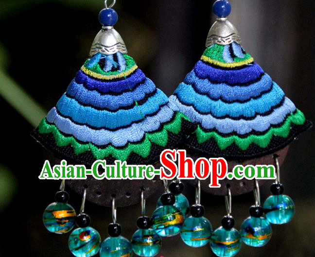 Chinese Yannan Ethnic Woman Earrings Handmade Embroidered Blue Ear Jewelry National Ear Accessories