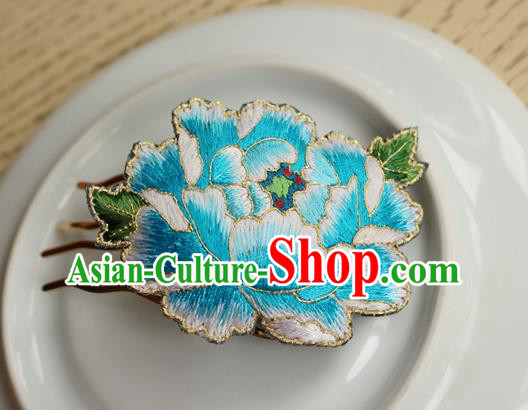 China Handmade National Embroidered Blue Peony Hair Comb Classical Cheongsam Hairpin