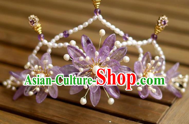 Chinese Ancient Empress Amethyst Chrysanthemum Hairpin Traditional Song Dynasty Court Pearls Hair Crown