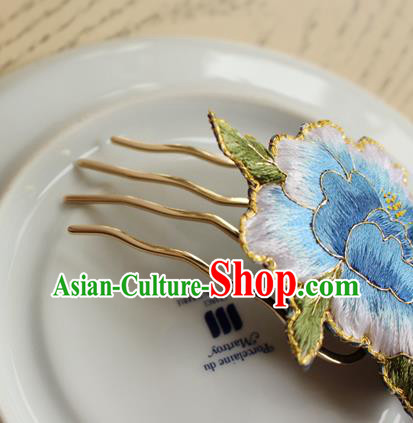 China Handmade Classical Cheongsam Hair Comb National Embroidered Light Blue Peony Hairpin