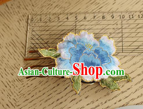 China Handmade Classical Cheongsam Hair Comb National Embroidered Light Blue Peony Hairpin