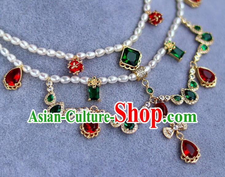 China Traditional Ming Dynasty Palace Lady Zircon Necklace Handmade Ancient Princess Pearls Necklet Accessories